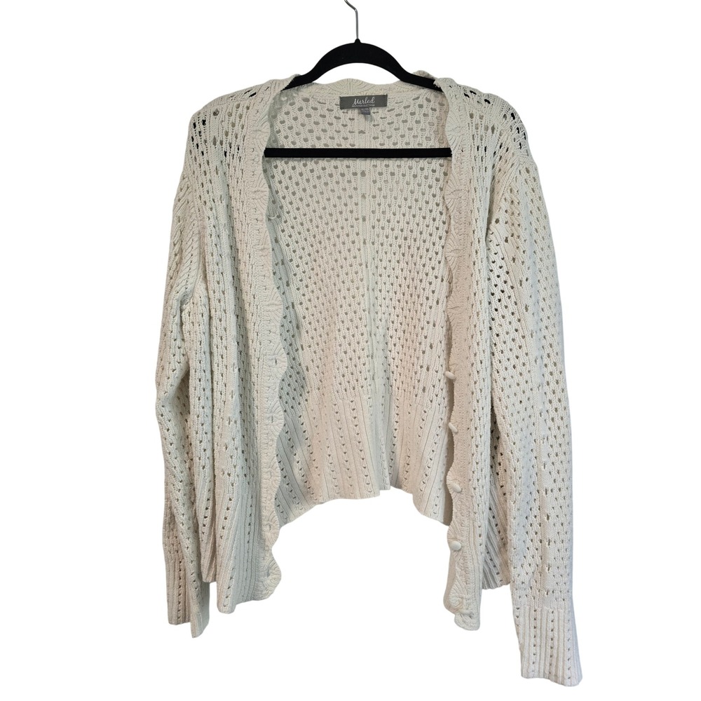 Marled Reunited Clothing Cream White Pointelle Open Knit Cardigan Sweater Plus